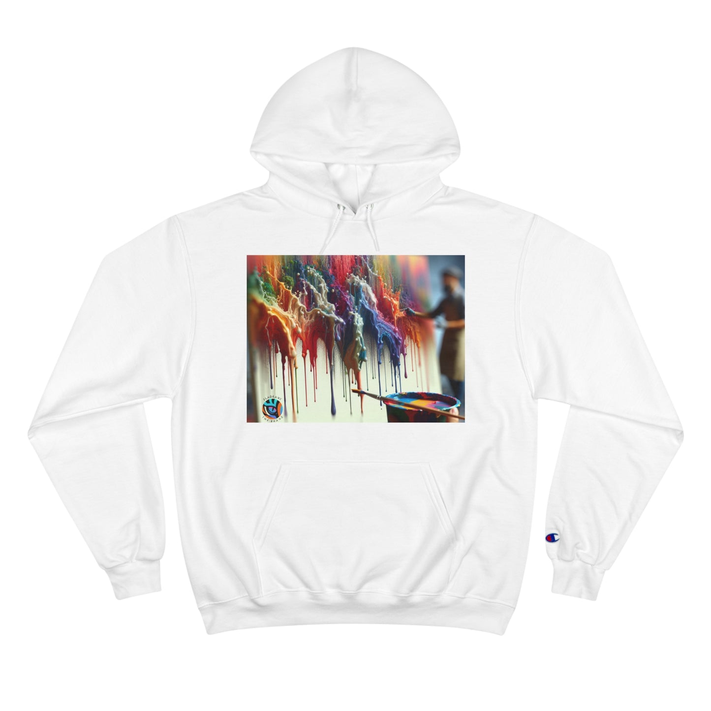 Artistic Champion Hoodie with Colorful Drip Design