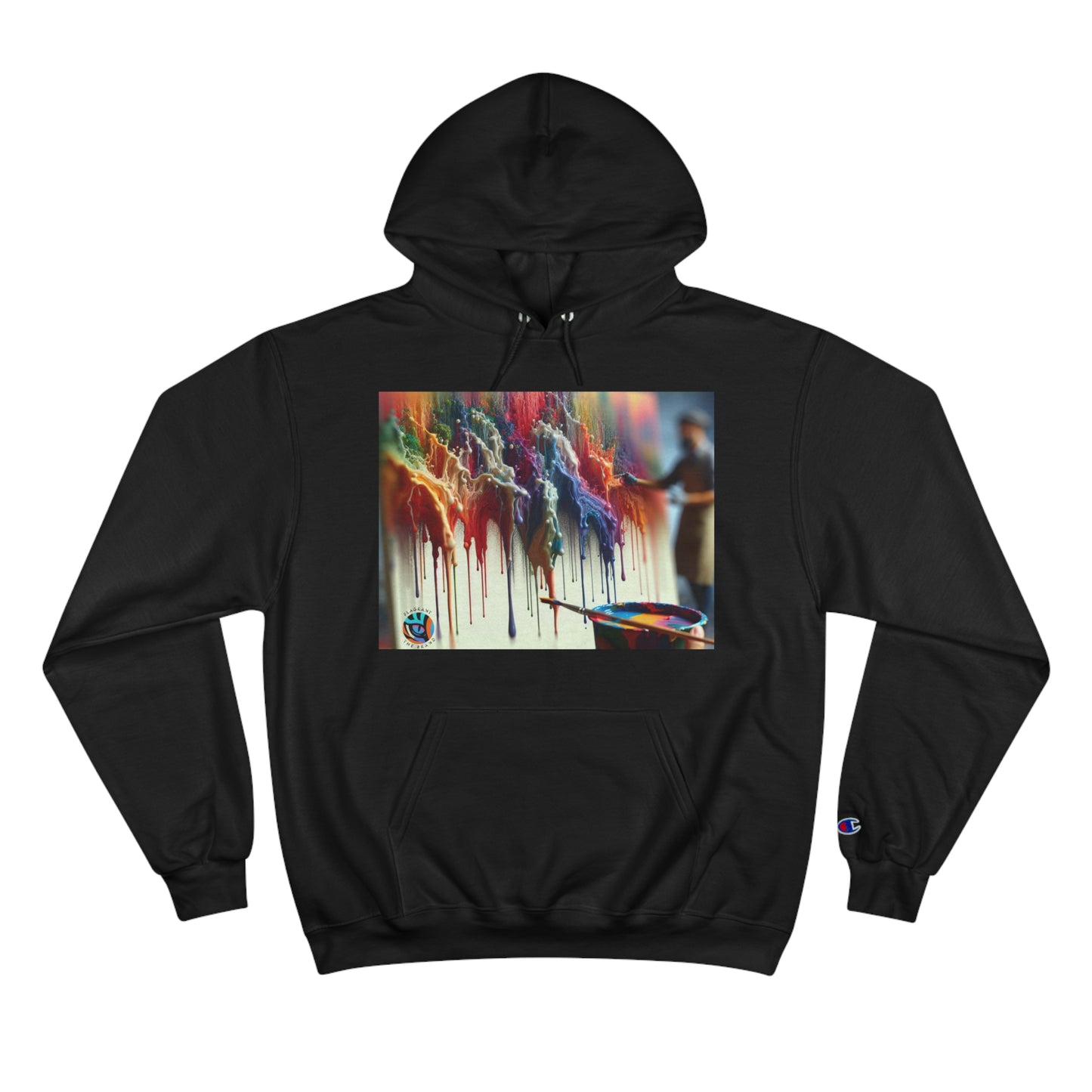 Artistic Champion Hoodie with Colorful Drip Design