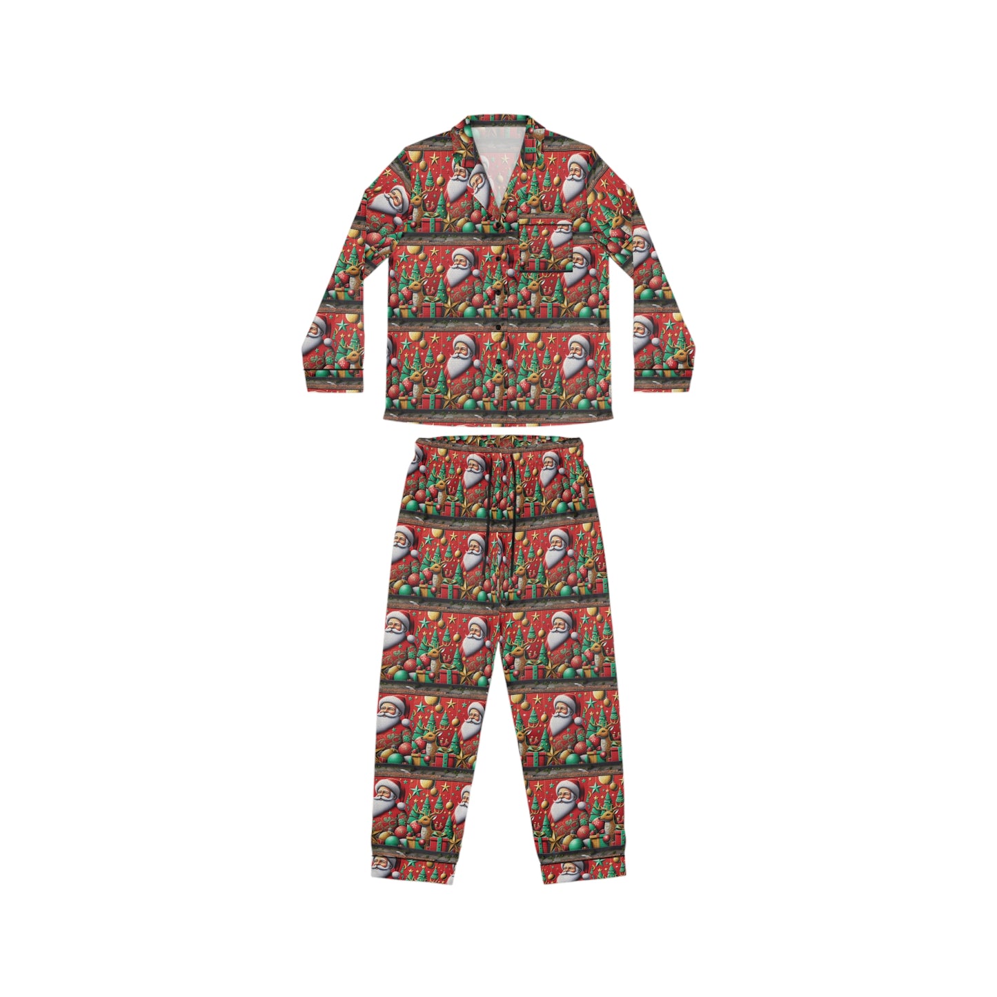 Festive Women's Satin Pajamas with Santa Design - Cozy Holiday Sleepwear