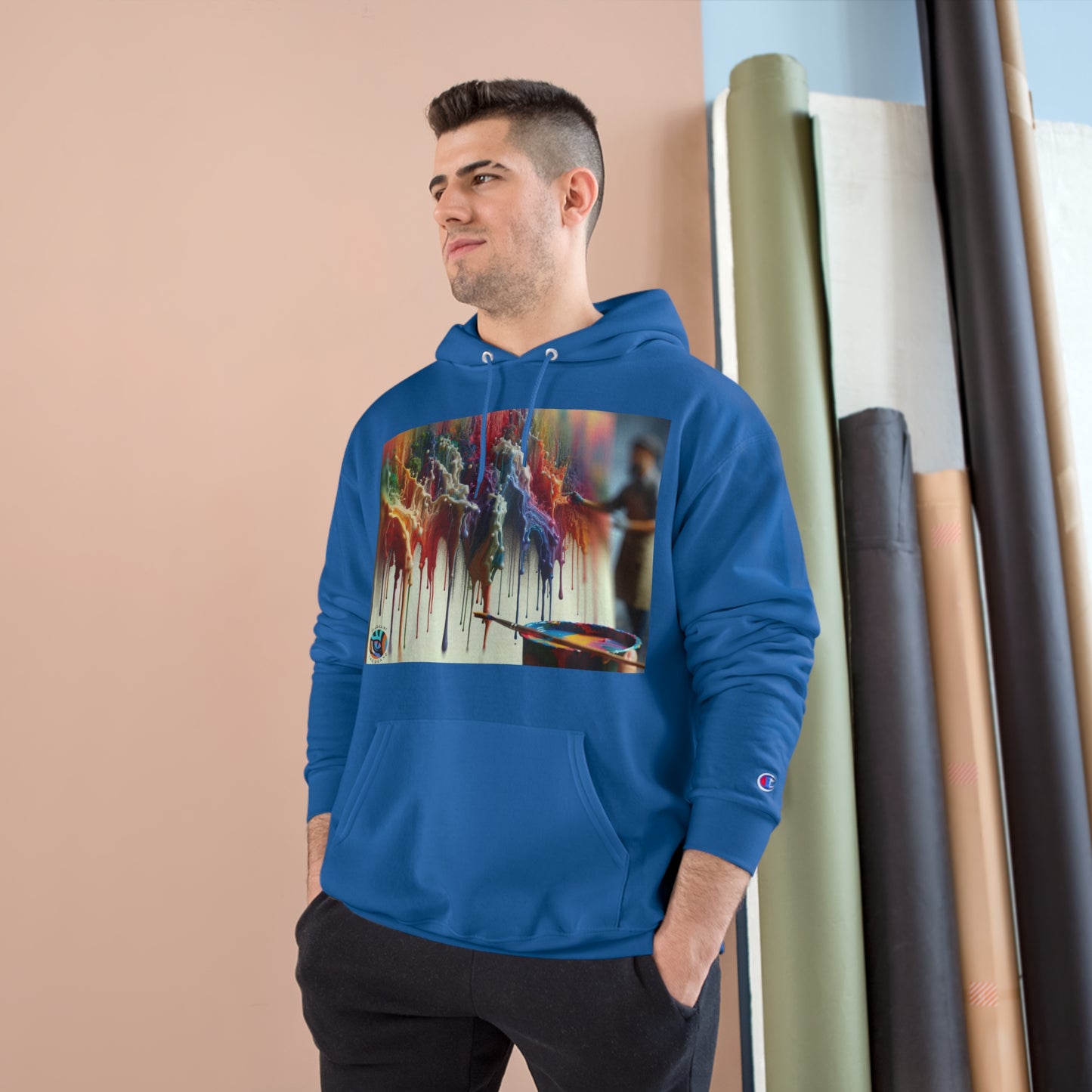Artistic Champion Hoodie with Colorful Drip Design