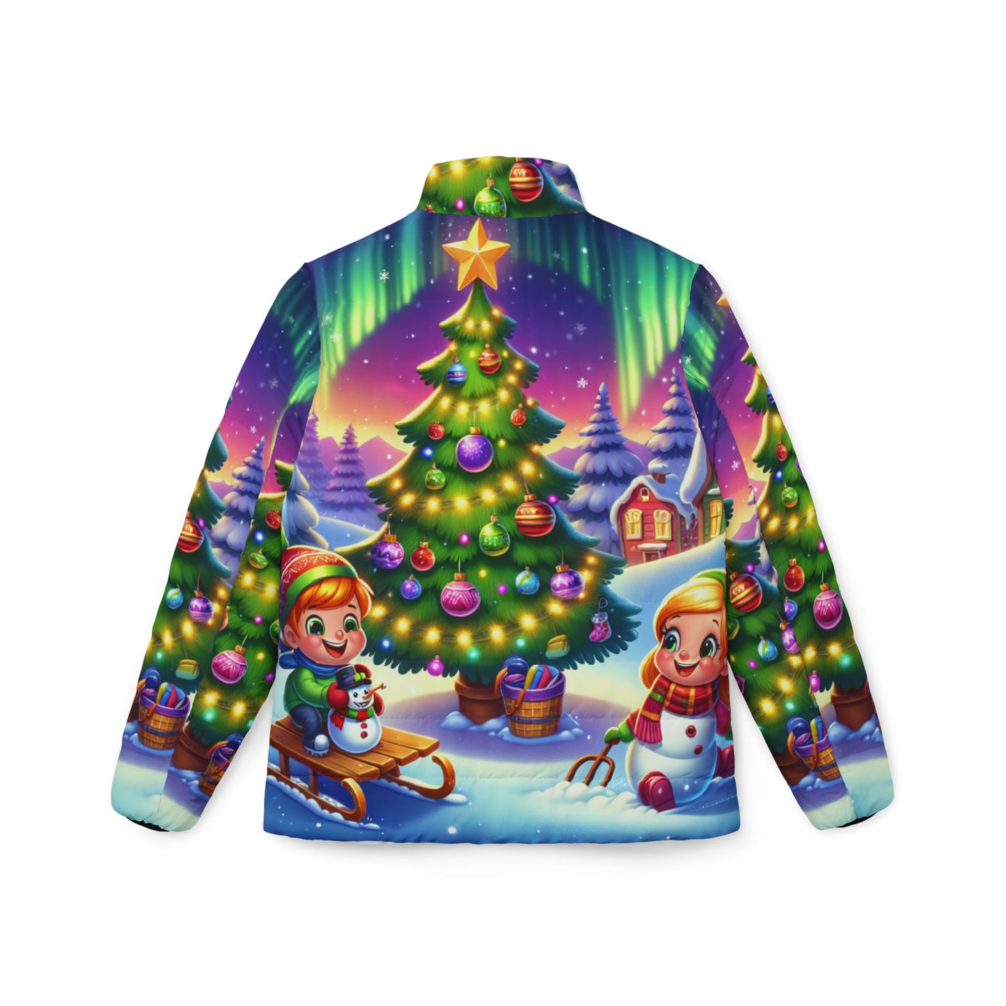 Festive Women's Puffer Jacket with Holiday Forest Design