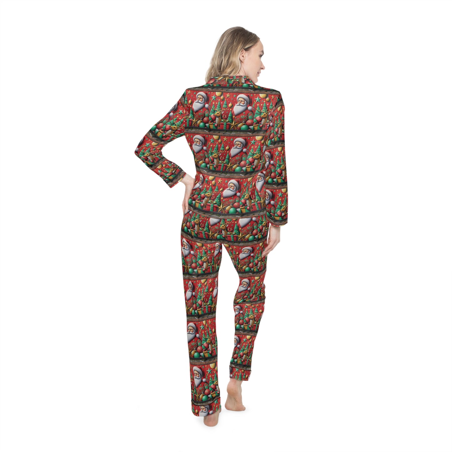 Festive Women's Satin Pajamas with Santa Design - Cozy Holiday Sleepwear