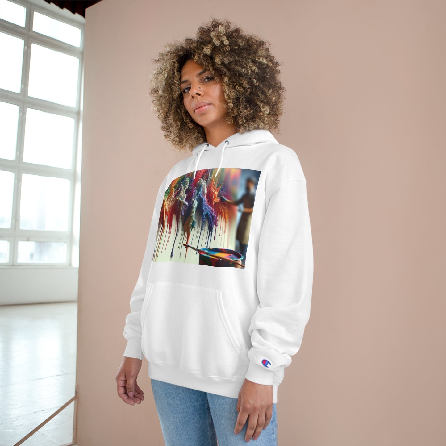 Artistic Champion Hoodie with Colorful Drip Design