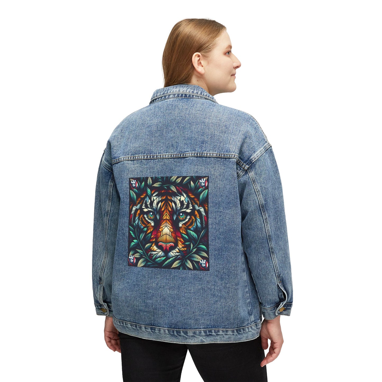Artistic Women's Denim Jacket with Tiger Design