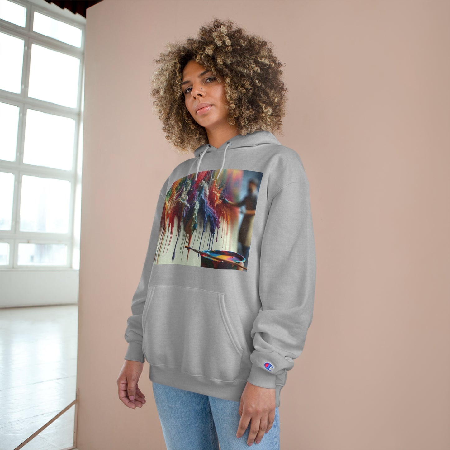 Artistic Champion Hoodie with Colorful Drip Design
