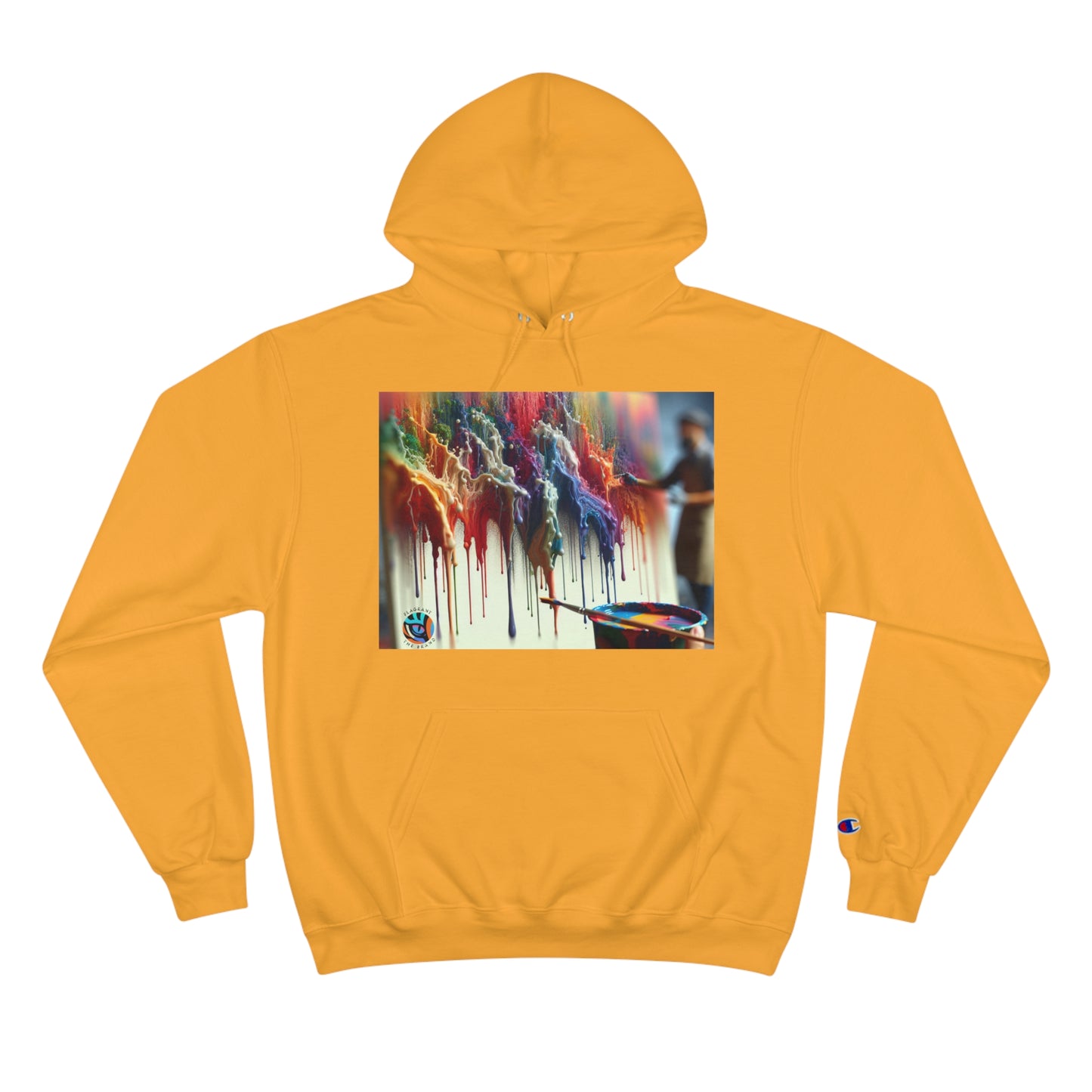 Artistic Champion Hoodie with Colorful Drip Design
