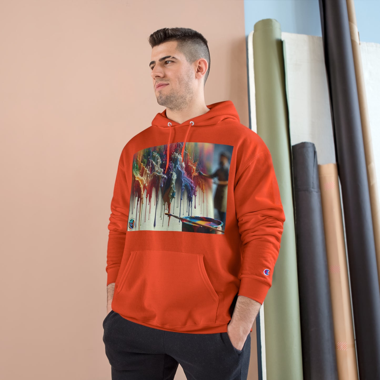 Artistic Champion Hoodie with Colorful Drip Design