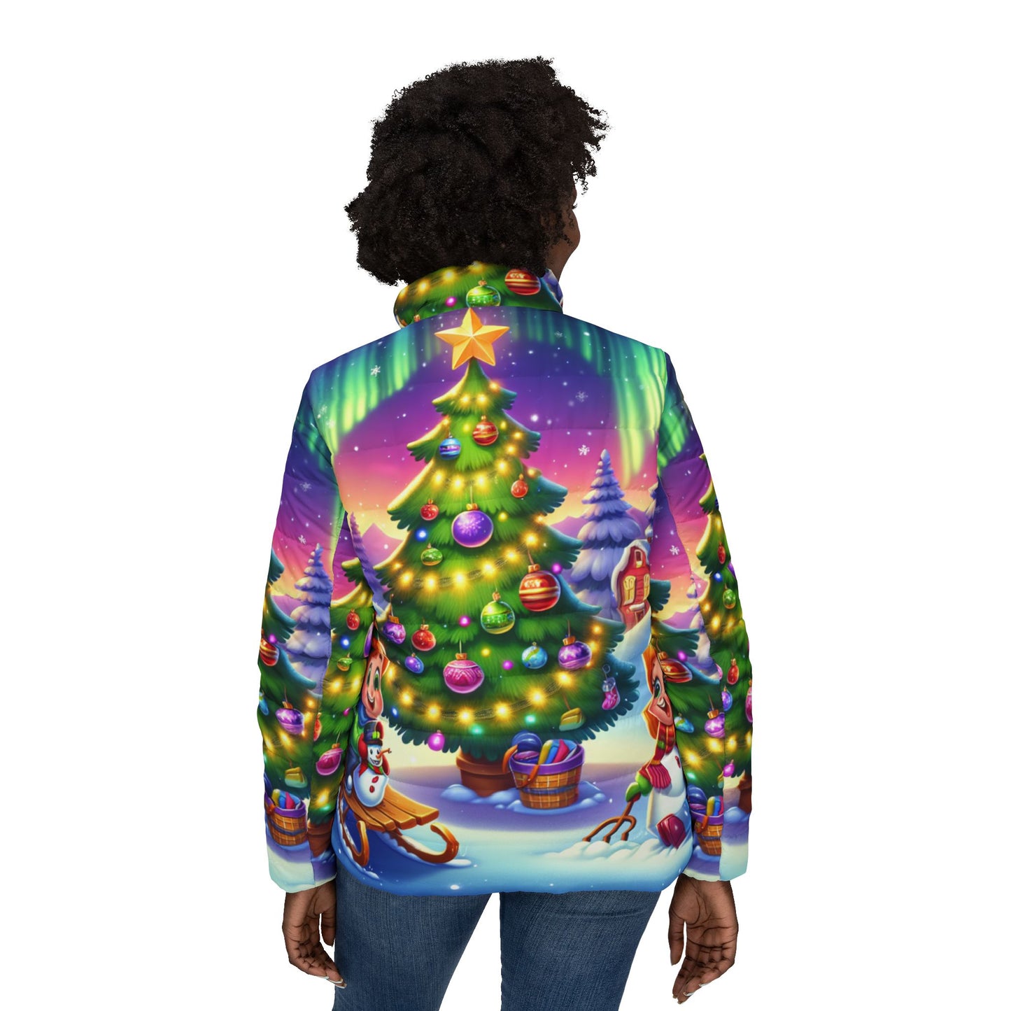 Festive Women's Puffer Jacket with Holiday Forest Design