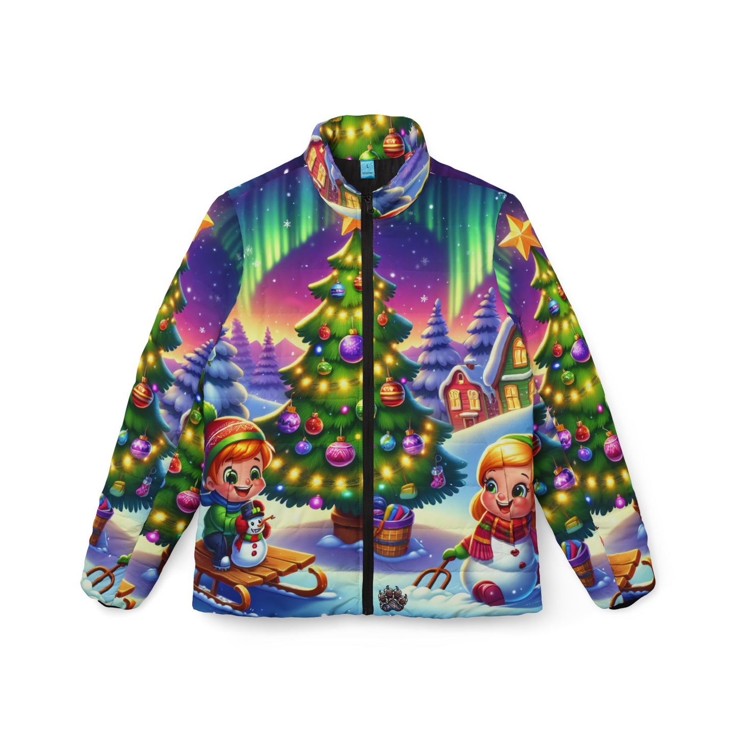Festive Women's Puffer Jacket with Holiday Forest Design