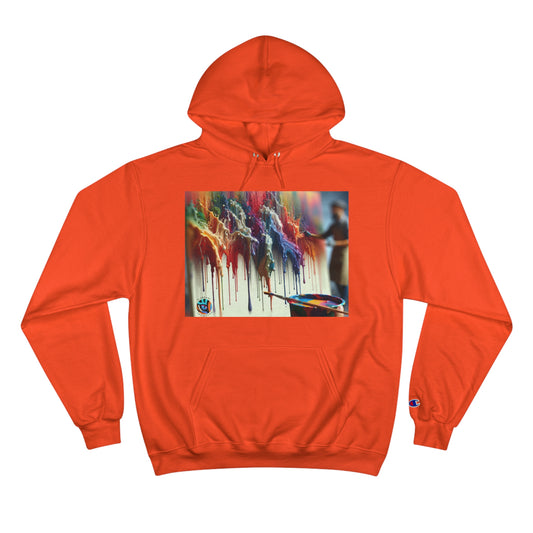 Artistic Champion Hoodie with Colorful Drip Design