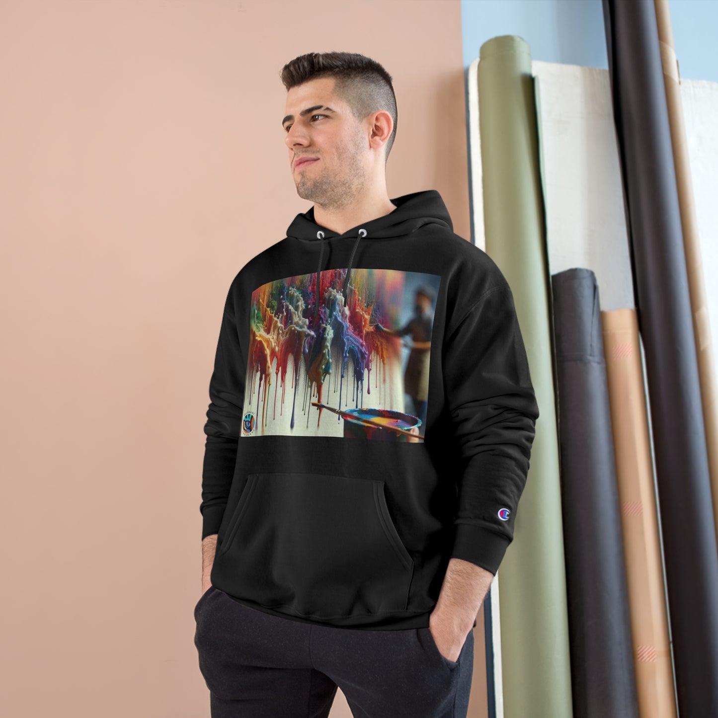 Artistic Champion Hoodie with Colorful Drip Design