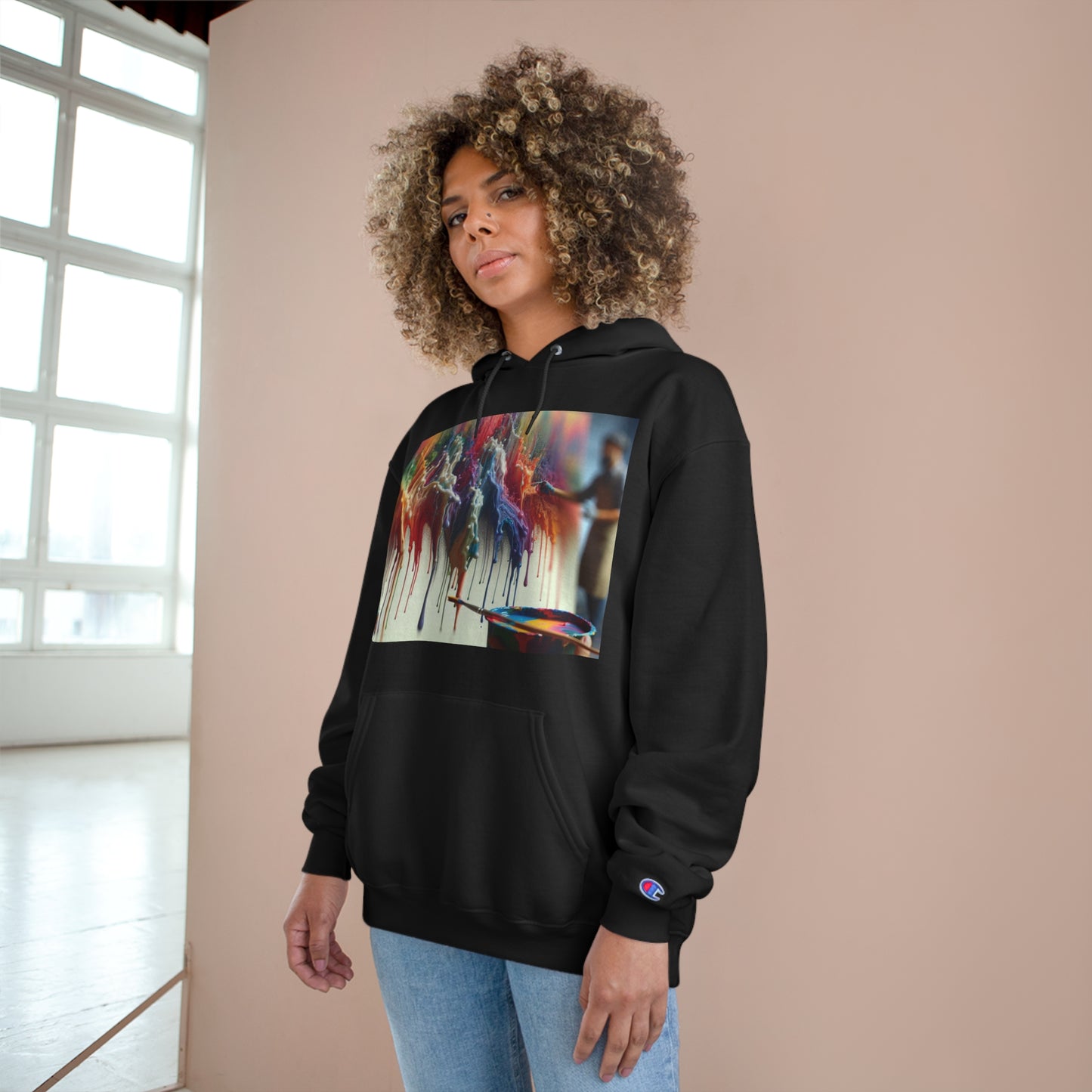 Artistic Champion Hoodie with Colorful Drip Design