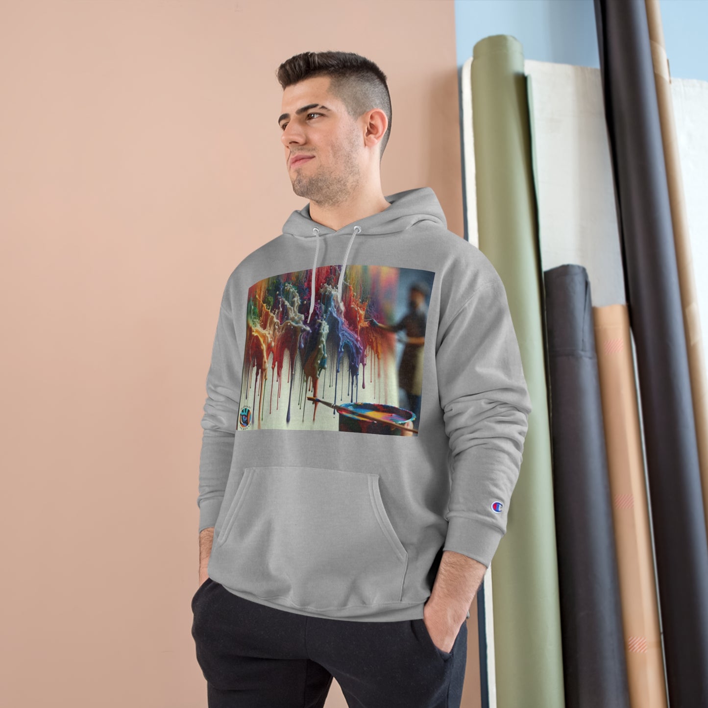 Artistic Champion Hoodie with Colorful Drip Design