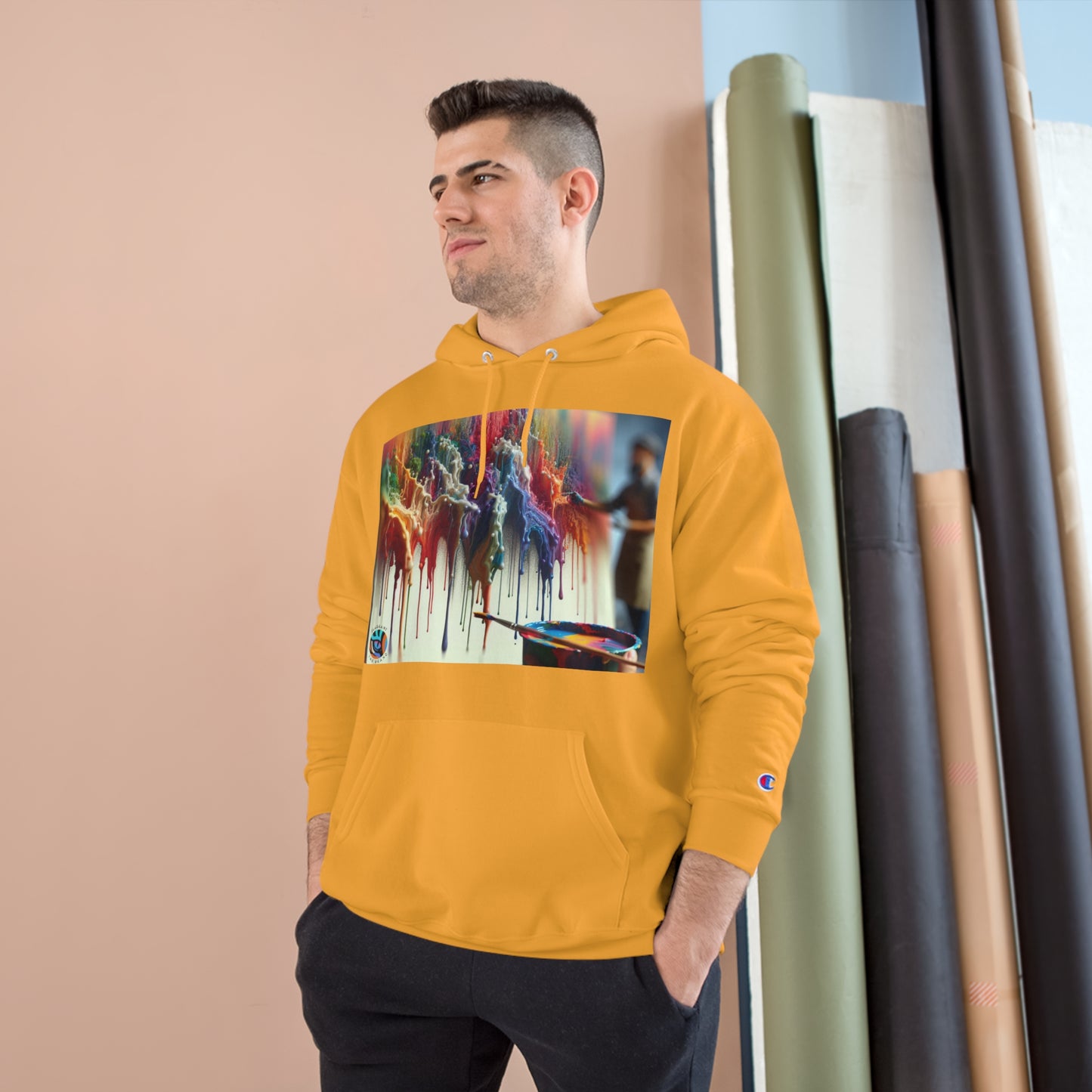 Artistic Champion Hoodie with Colorful Drip Design
